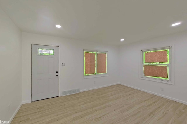 entryway with a wealth of natural light and light hardwood / wood-style flooring