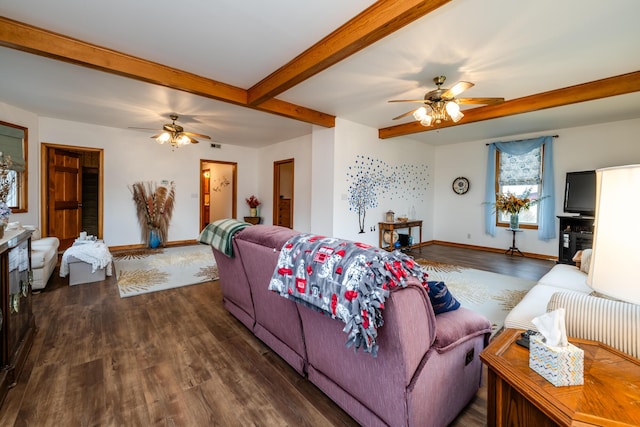 living room with beamed ceiling, dark hardwood / wood-style flooring, and ceiling fan