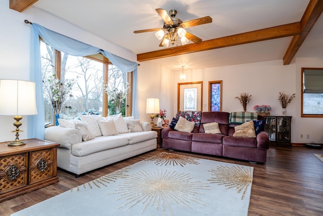 living room featuring beam ceiling, ceiling fan, and dark wood-type flooring
