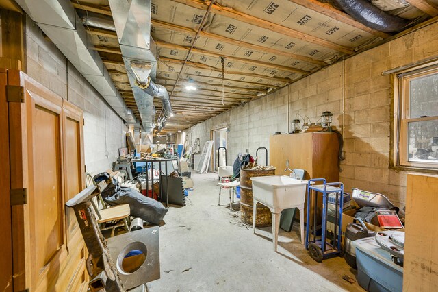 9078 N Ferris Ave, Bitely, MI 49309 - basement with concrete block wall and a sink