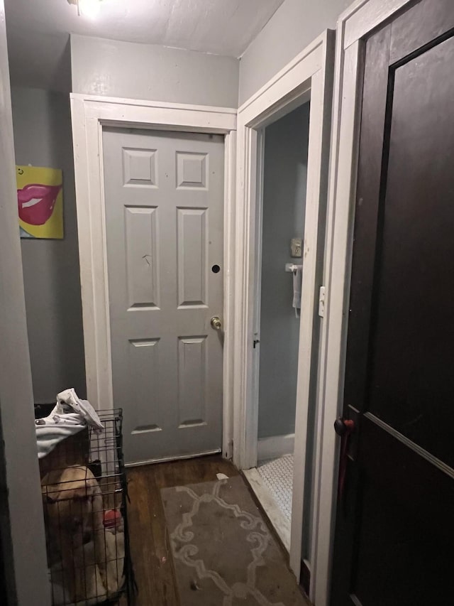 doorway with dark hardwood / wood-style floors