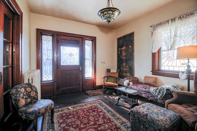 entrance foyer featuring wood-type flooring and radiator