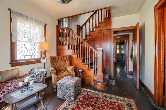 living room with dark hardwood / wood-style flooring