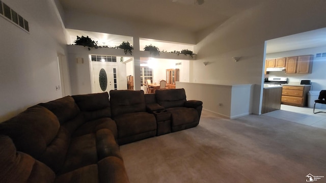 living room featuring light colored carpet