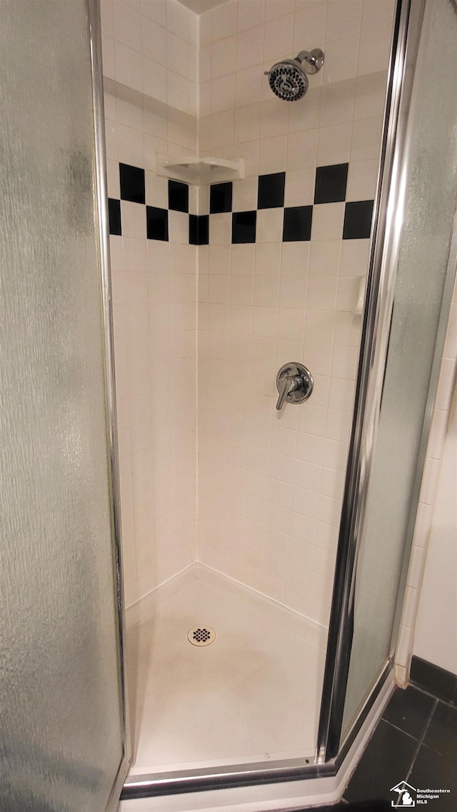 bathroom featuring walk in shower and tile patterned floors