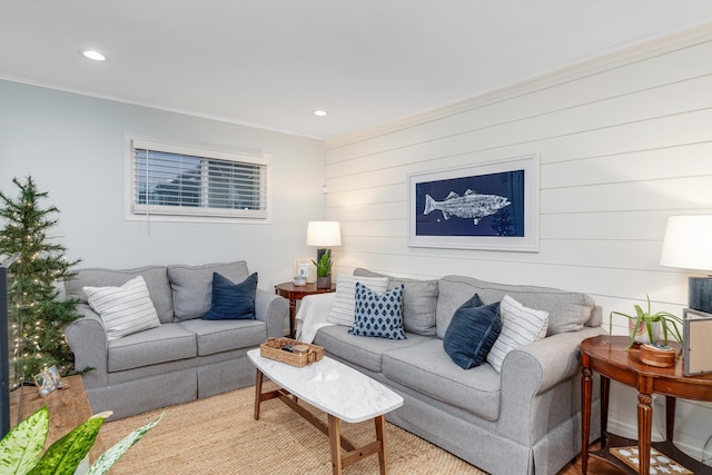 living room with crown molding