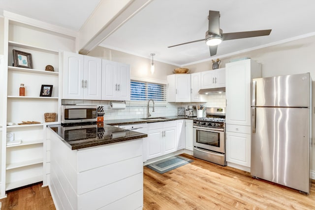 kitchen featuring sink, white cabinets, light wood-type flooring, and appliances with stainless steel finishes