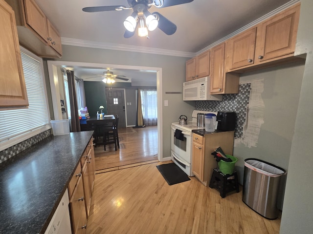 kitchen with light wood-type flooring, white appliances, crown molding, and tasteful backsplash