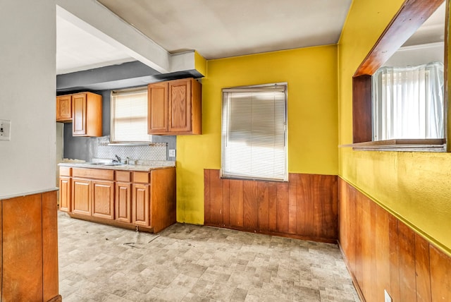 kitchen featuring decorative backsplash, wood walls, and sink