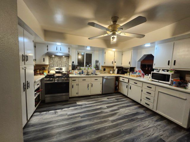 kitchen with white cabinets, ceiling fan, decorative backsplash, dark hardwood / wood-style flooring, and stainless steel appliances