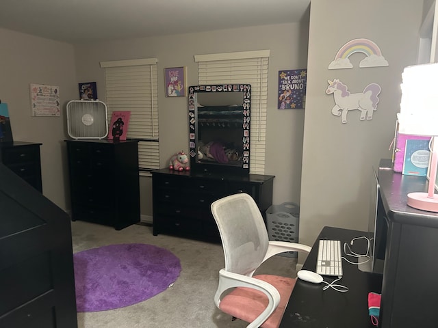 bedroom featuring light colored carpet