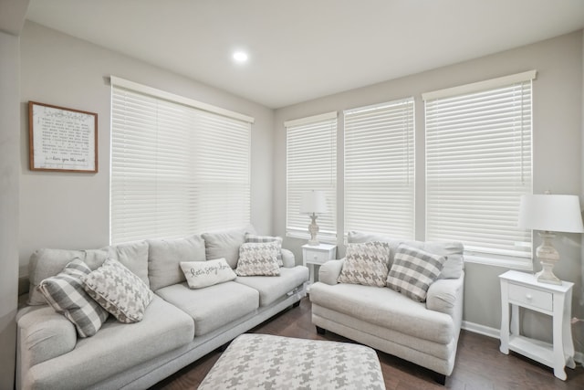 living room with a healthy amount of sunlight and dark hardwood / wood-style floors