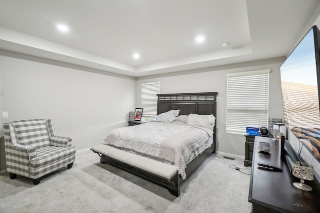 carpeted bedroom with a raised ceiling and multiple windows