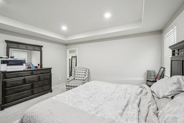 bedroom featuring light colored carpet and a tray ceiling