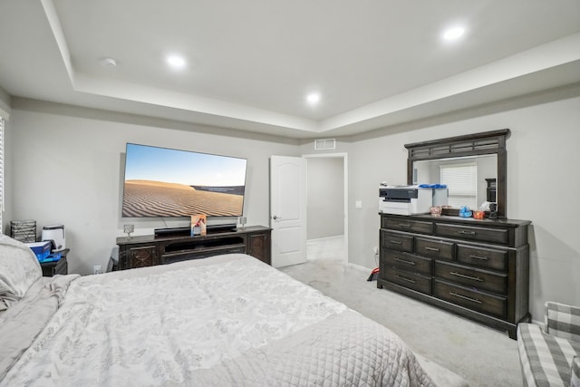 carpeted bedroom featuring a tray ceiling