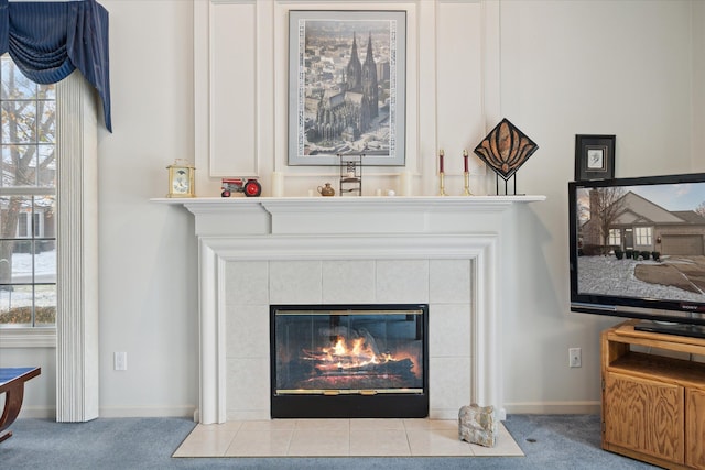 details with carpet and a tiled fireplace