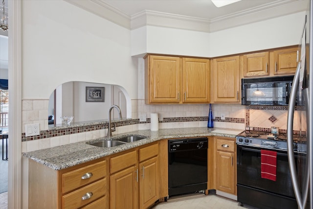 kitchen with decorative backsplash, sink, crown molding, and black appliances