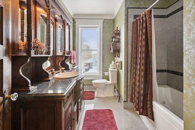 full bathroom featuring toilet, vanity, shower / tub combo with curtain, and crown molding