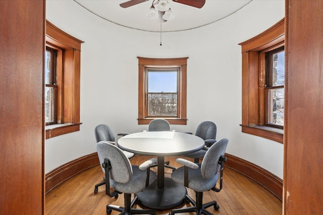 office area featuring ceiling fan and light hardwood / wood-style floors