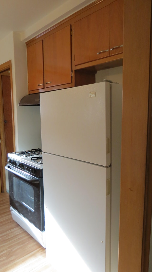 kitchen featuring ventilation hood and white appliances