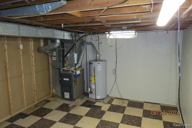 basement with heating unit and water heater