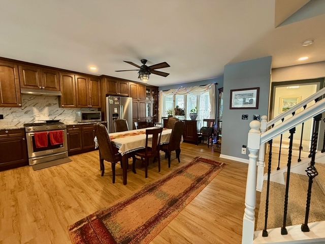 9471 Ridge Rd, Goodrich, MI 48438 - kitchen featuring appliances with stainless steel finishes, under cabinet range hood, light wood finished floors, ceiling fan, and light countertops