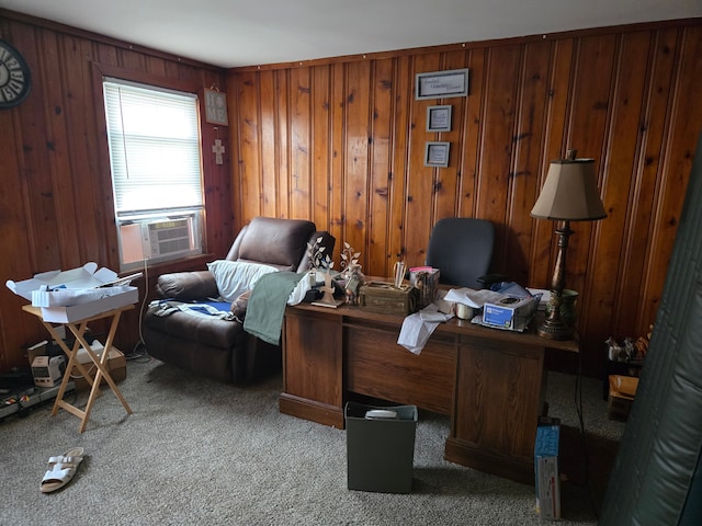 home office featuring cooling unit, light carpet, and wooden walls