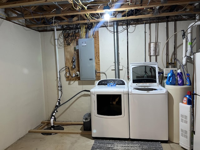 laundry area with electric panel and washing machine and dryer