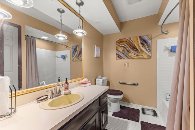 full bathroom with tile patterned flooring, shower / bath combination with curtain, vanity, and toilet