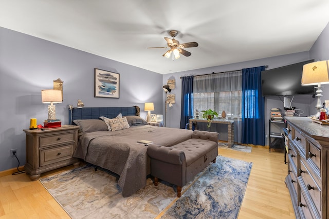 bedroom featuring ceiling fan and light hardwood / wood-style flooring