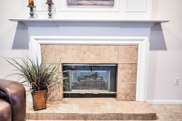 room details with a tile fireplace