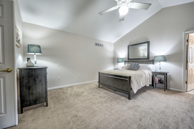 carpeted bedroom with ceiling fan and lofted ceiling