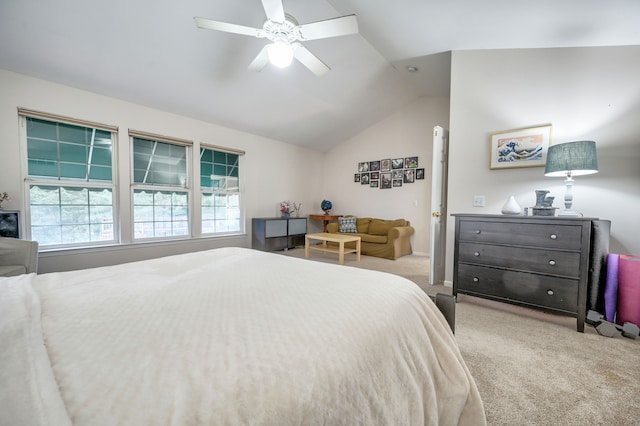 bedroom featuring carpet flooring, ceiling fan, and vaulted ceiling