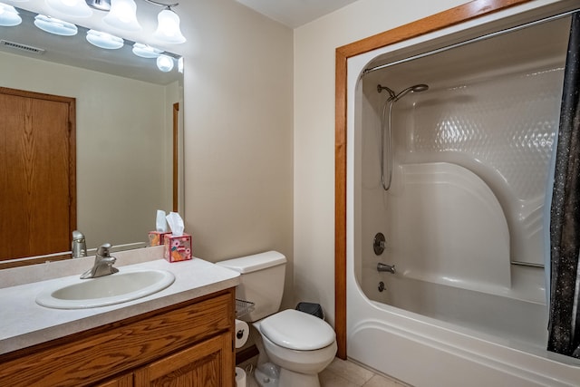 full bath with toilet, shower / bath combo, tile patterned floors, visible vents, and vanity