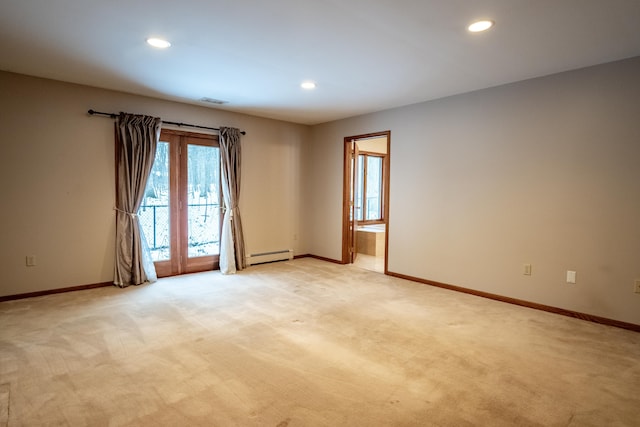 unfurnished room with baseboards, a baseboard heating unit, recessed lighting, and light colored carpet