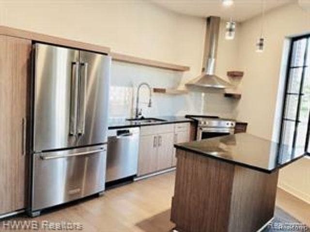 kitchen featuring sink, light hardwood / wood-style flooring, wall chimney range hood, and appliances with stainless steel finishes