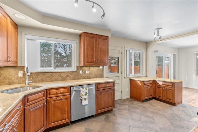 kitchen with sink, backsplash, plenty of natural light, and stainless steel dishwasher