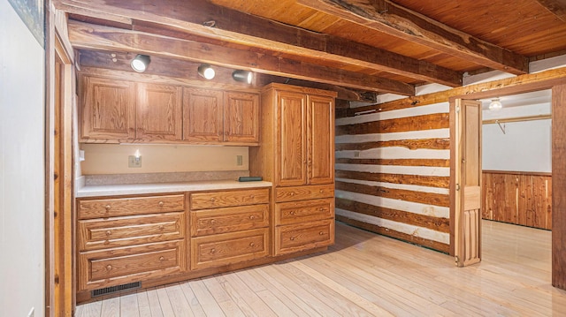 kitchen with beam ceiling, wood ceiling, wooden walls, and light hardwood / wood-style flooring