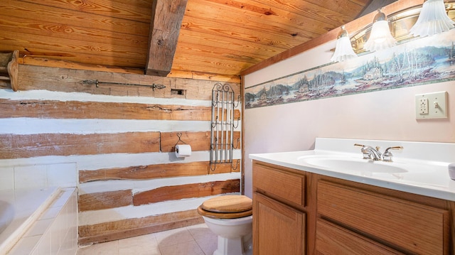 bathroom with toilet, wooden ceiling, vanity, tiled tub, and tile patterned flooring