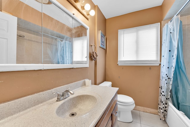 full bathroom with tile patterned floors, vanity, toilet, and shower / bathtub combination with curtain