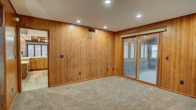 carpeted empty room with wood walls