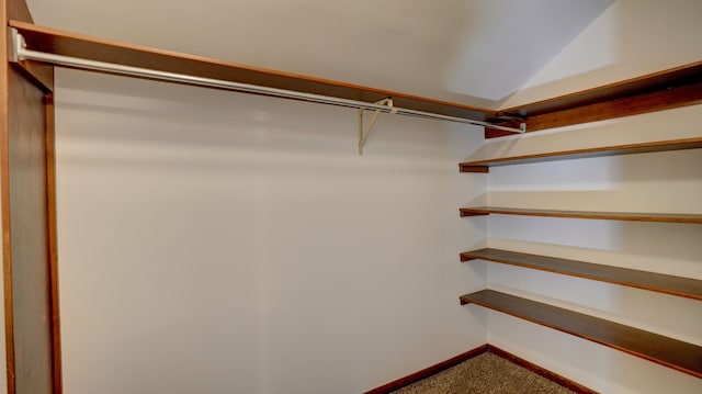 walk in closet with carpet and lofted ceiling