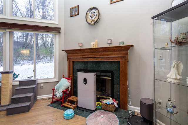 interior space with a fireplace and light wood-type flooring