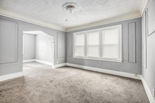 unfurnished room with carpet flooring and a textured ceiling