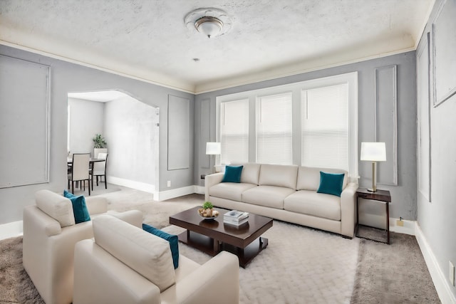 living room featuring crown molding, light colored carpet, and a textured ceiling