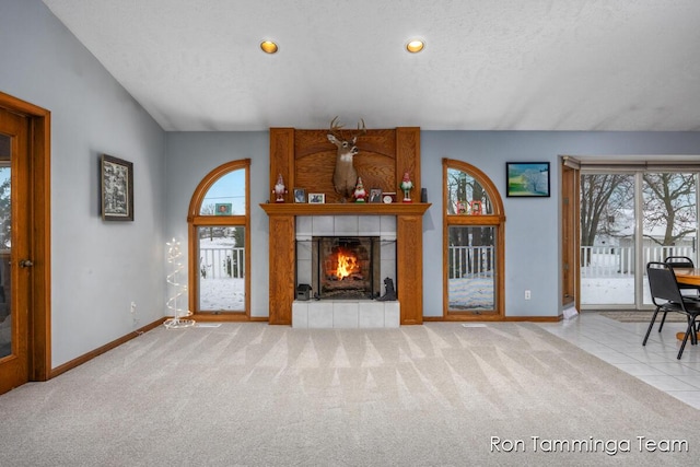 2187 Riley St, Hudsonville, MI 49426 - living room featuring carpet, baseboards, a fireplace, and recessed lighting