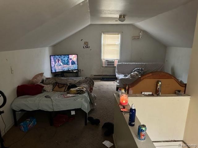 carpeted bedroom featuring cooling unit, baseboard heating, and vaulted ceiling