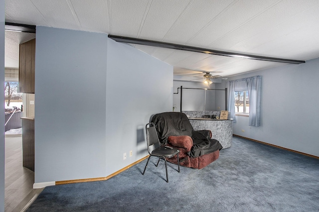 sitting room featuring a wealth of natural light, carpet, a textured ceiling, and ceiling fan