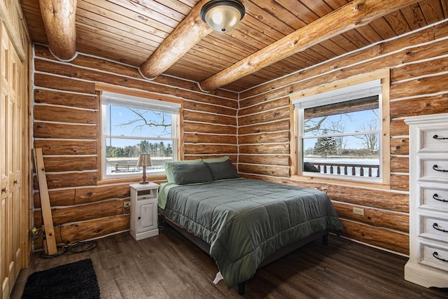 bedroom featuring beamed ceiling, dark hardwood / wood-style flooring, wooden ceiling, and rustic walls