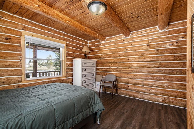 unfurnished bedroom featuring beamed ceiling, wood-type flooring, wooden ceiling, and log walls